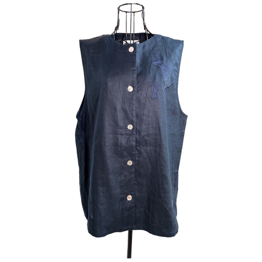 David Dart Collection Linen Lagenlook Sleeveless Button Front Top Black Small